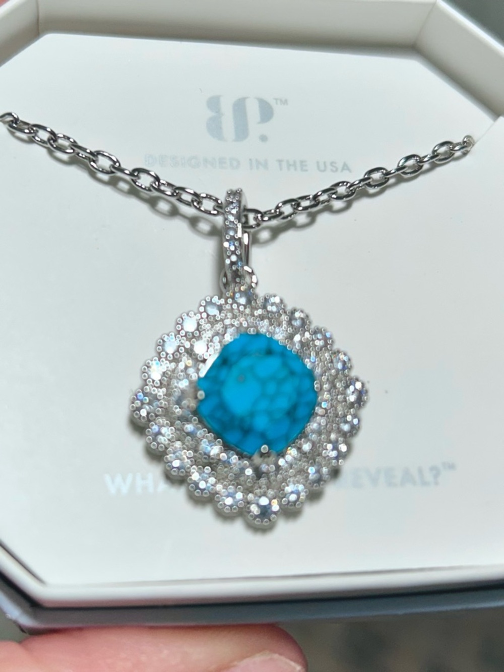 Blue Stone Halo Pendant Necklace - Designed in the USA